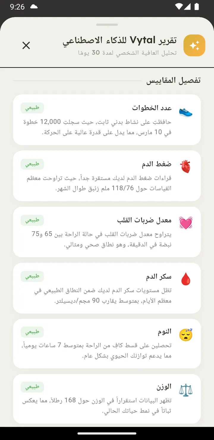 تقرير Vytal الصحي بالذكاء الاصطناعي مع تفصيل المقاييس