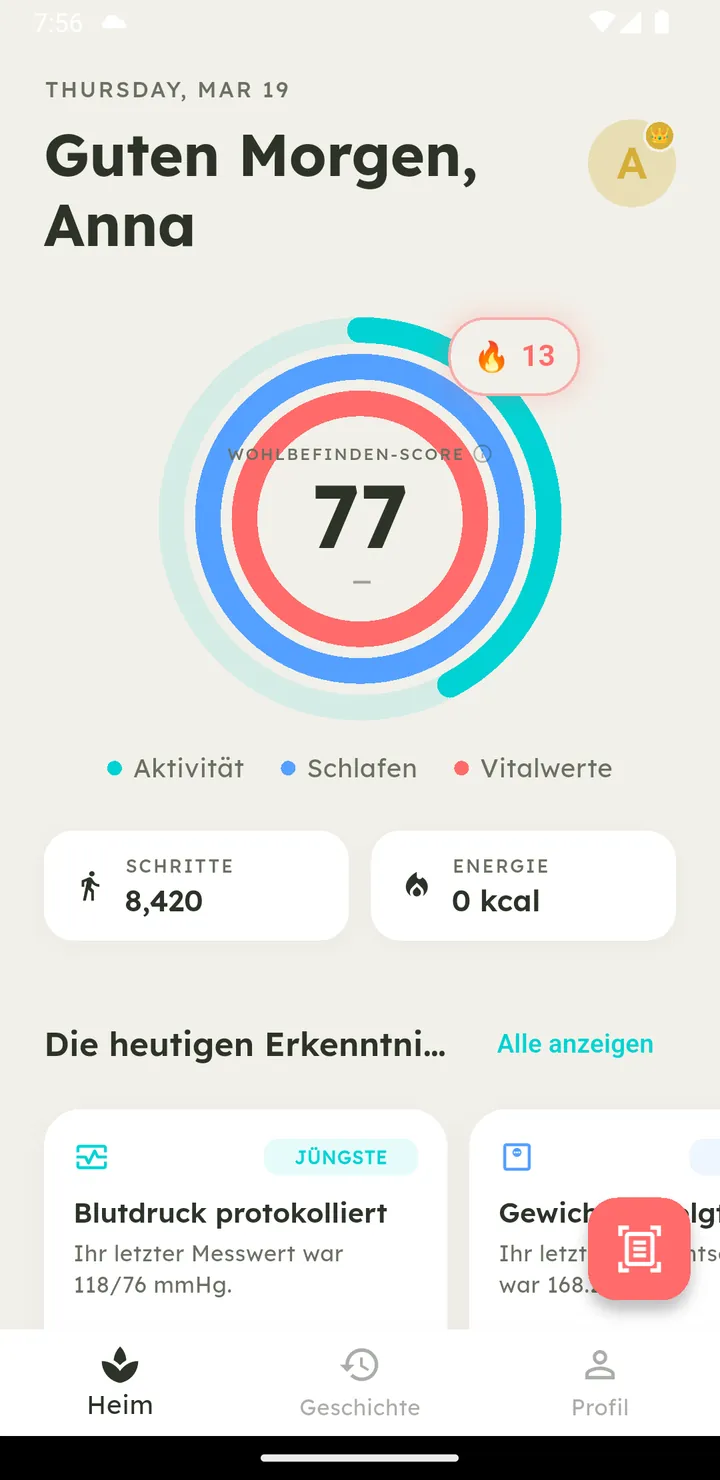 Vytal-Startbildschirm mit dem täglichen Wellness-Score-Ring
