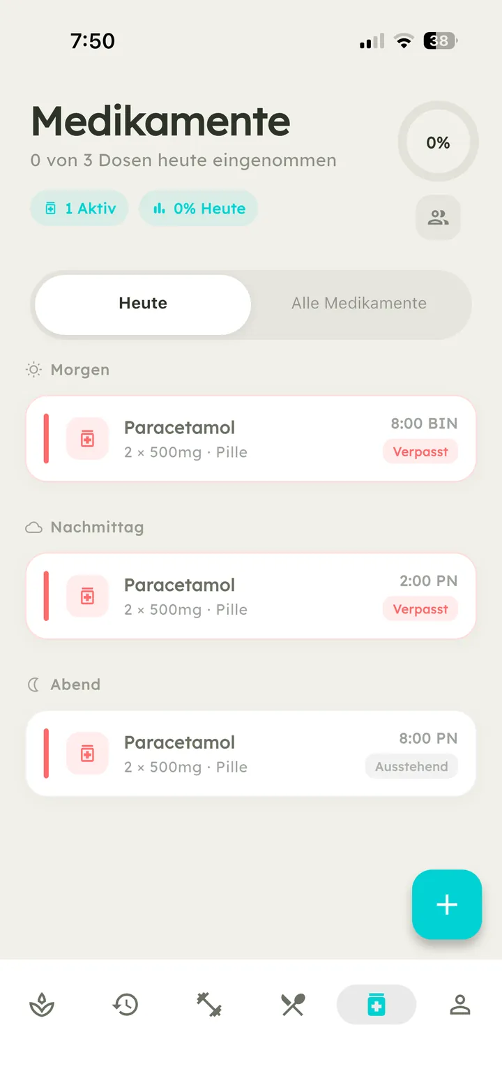 Vytal-Medikamentenbildschirm mit geplanten Dosen und Erinnerungen