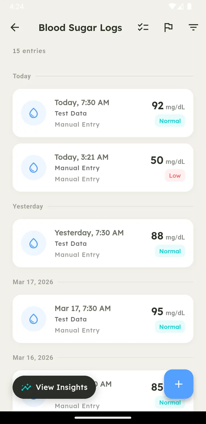 Vytal blood sugar log with clinical classifications