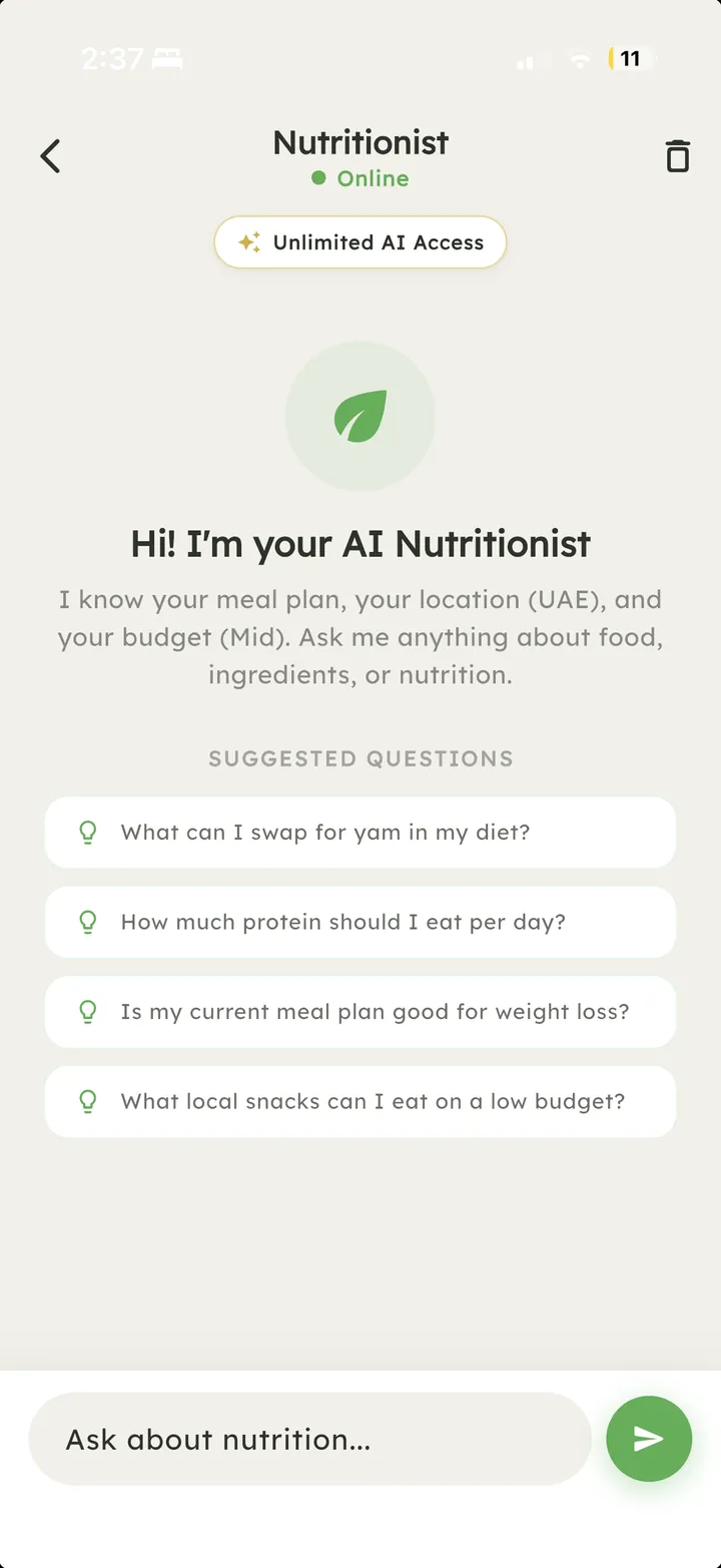 Chat with the Vytal AI nutritionist