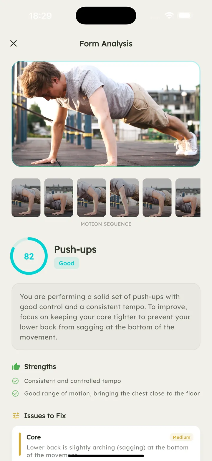 Vytal AI form analysis of a push-up with score and corrections