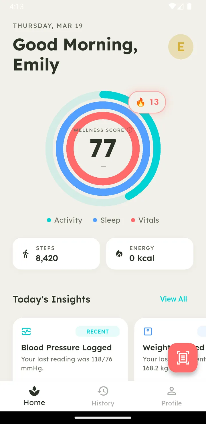 Vytal home dashboard showing the daily wellness score ring
