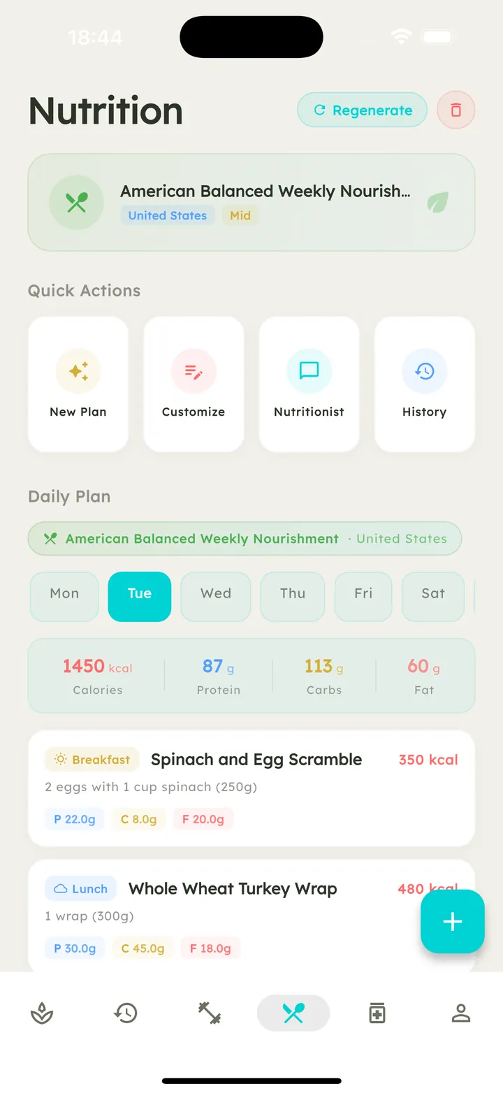 Vytal nutrition screen with an AI-generated daily meal plan
