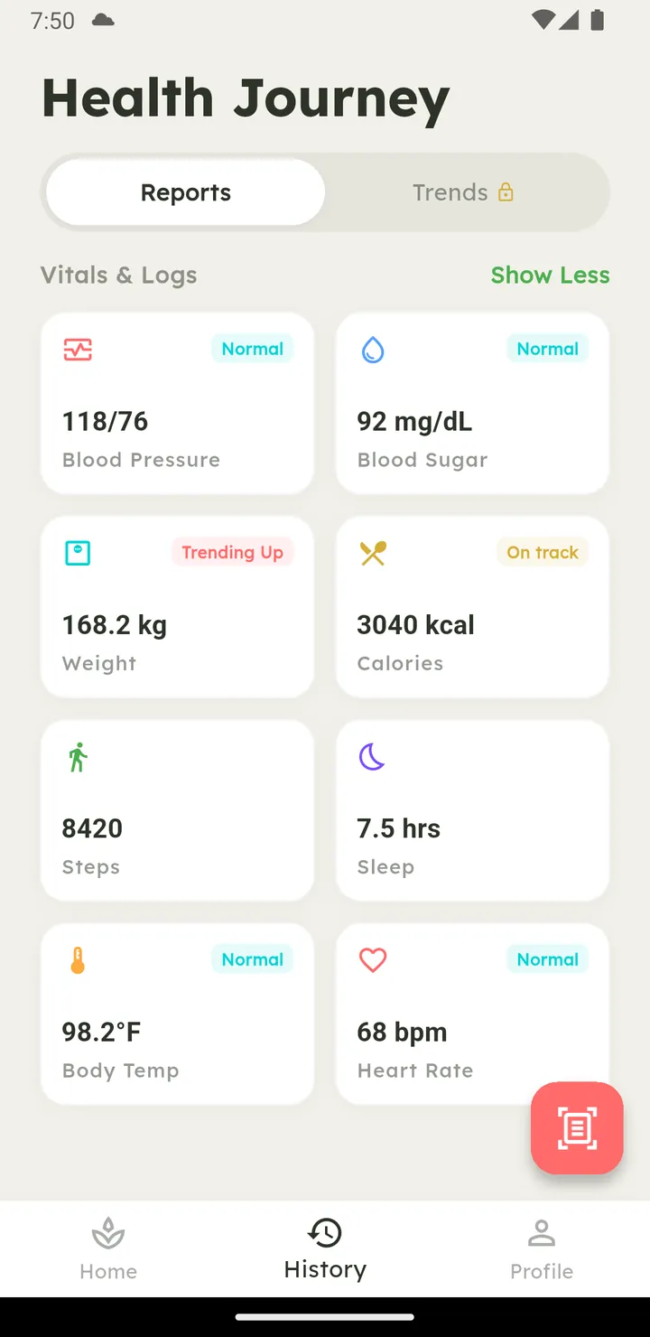 Vytal health journey screen with vitals and logs overview