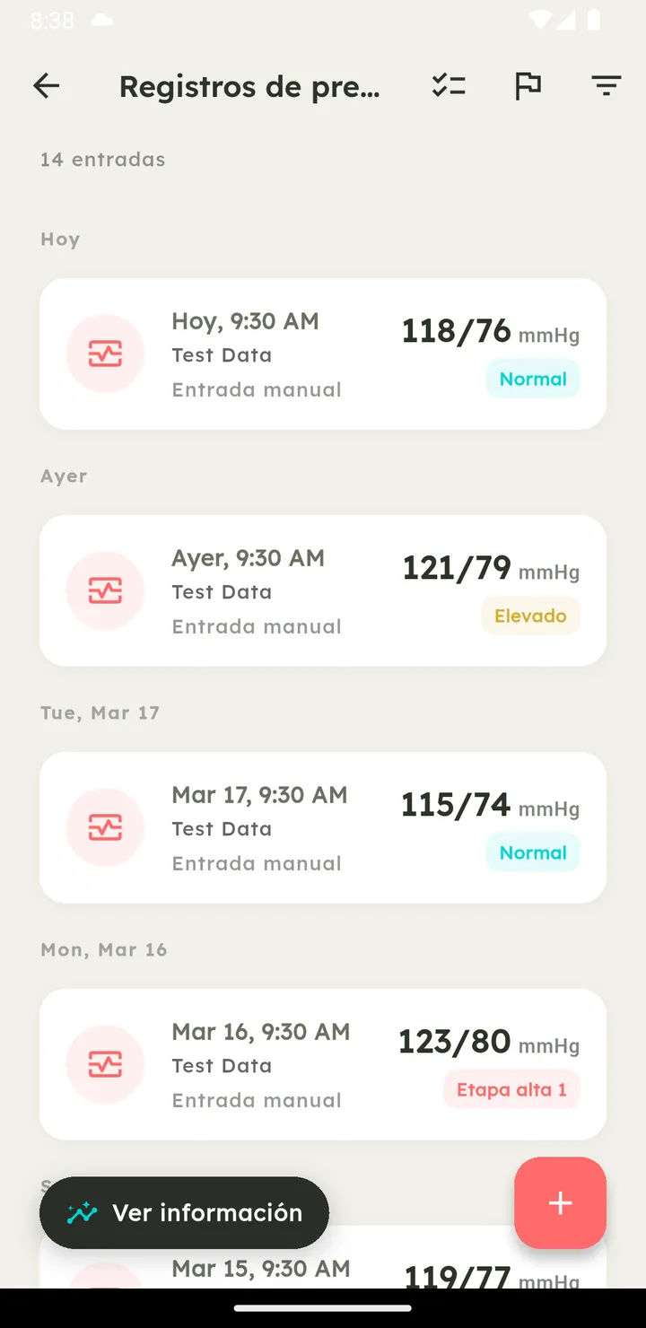 Registro de presión arterial de Vytal con clasificaciones clínicas