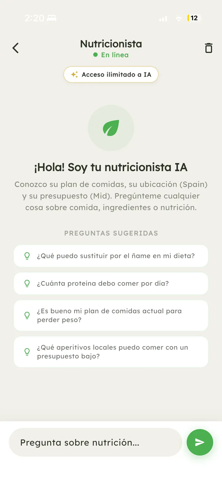 Chat con el nutricionista IA de Vytal