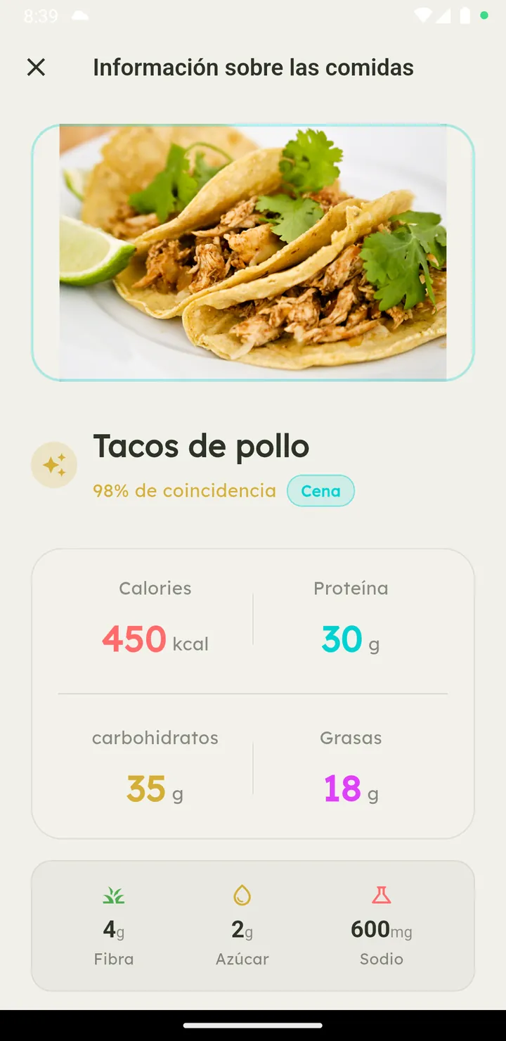 Información nutricional de Vytal con calorías y macros