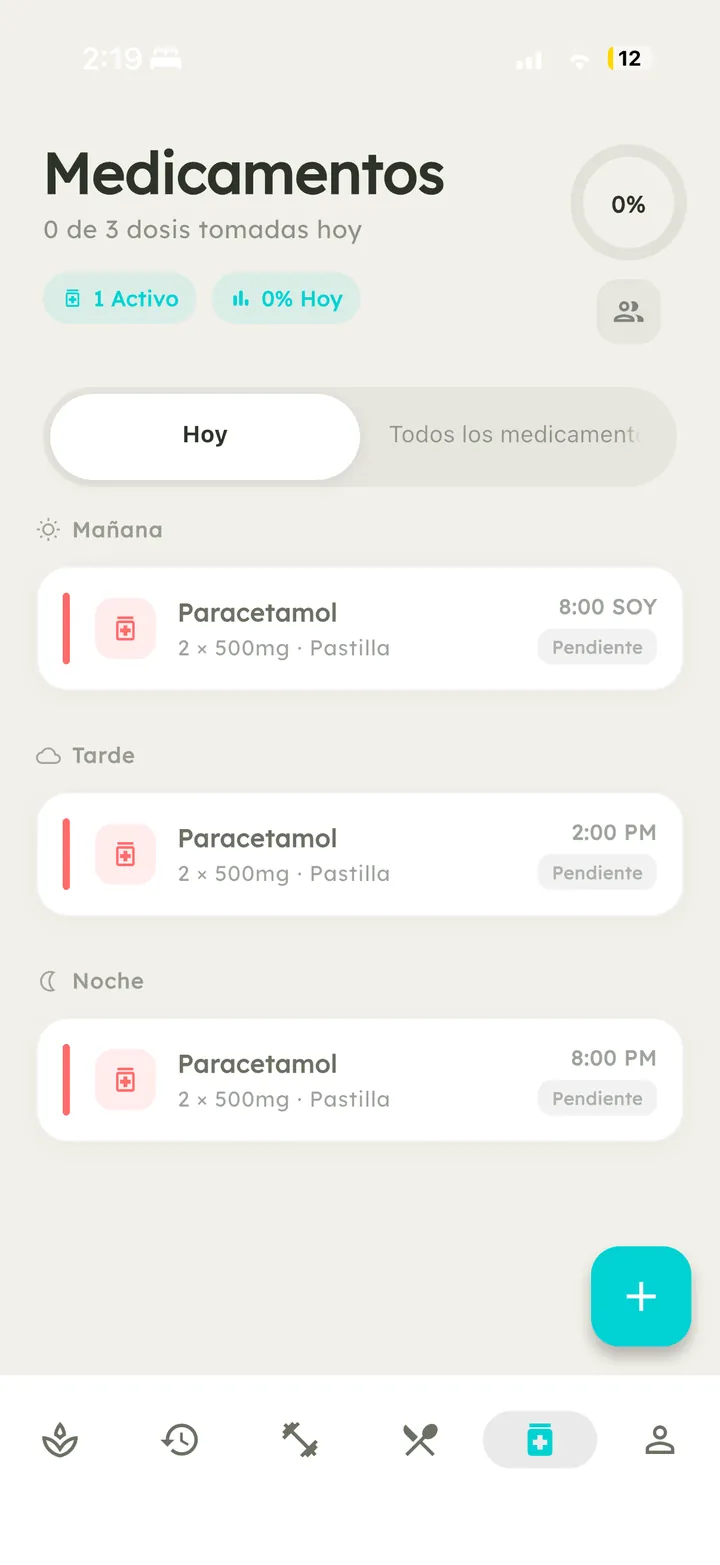 Pantalla de medicación de Vytal con dosis programadas y recordatorios