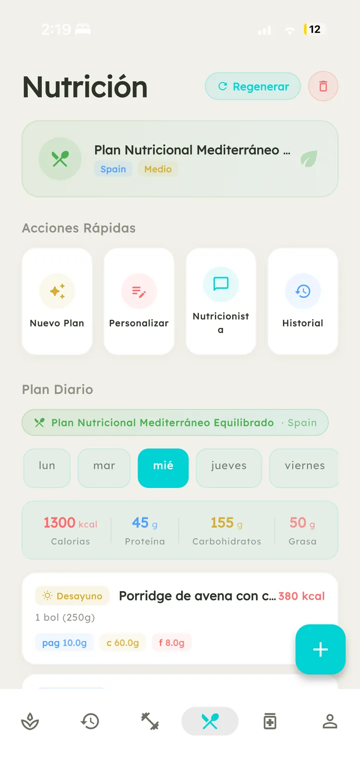 Pantalla de nutrición de Vytal con un plan diario generado por IA