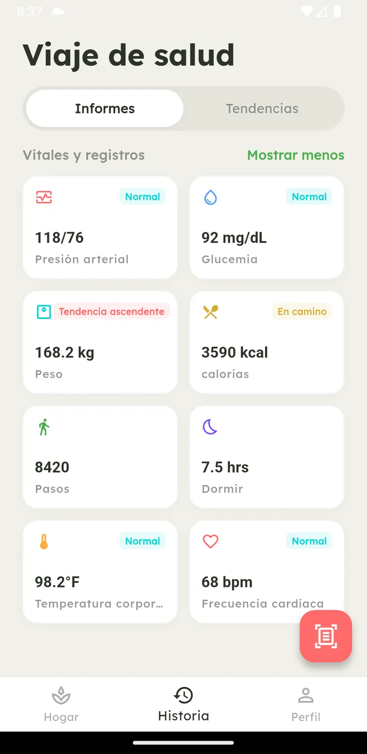Pantalla de viaje de salud de Vytal con resumen de constantes y registros