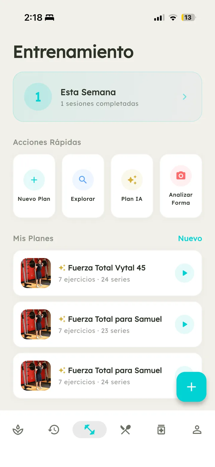Pantalla de entrenamiento de Vytal con planes de IA