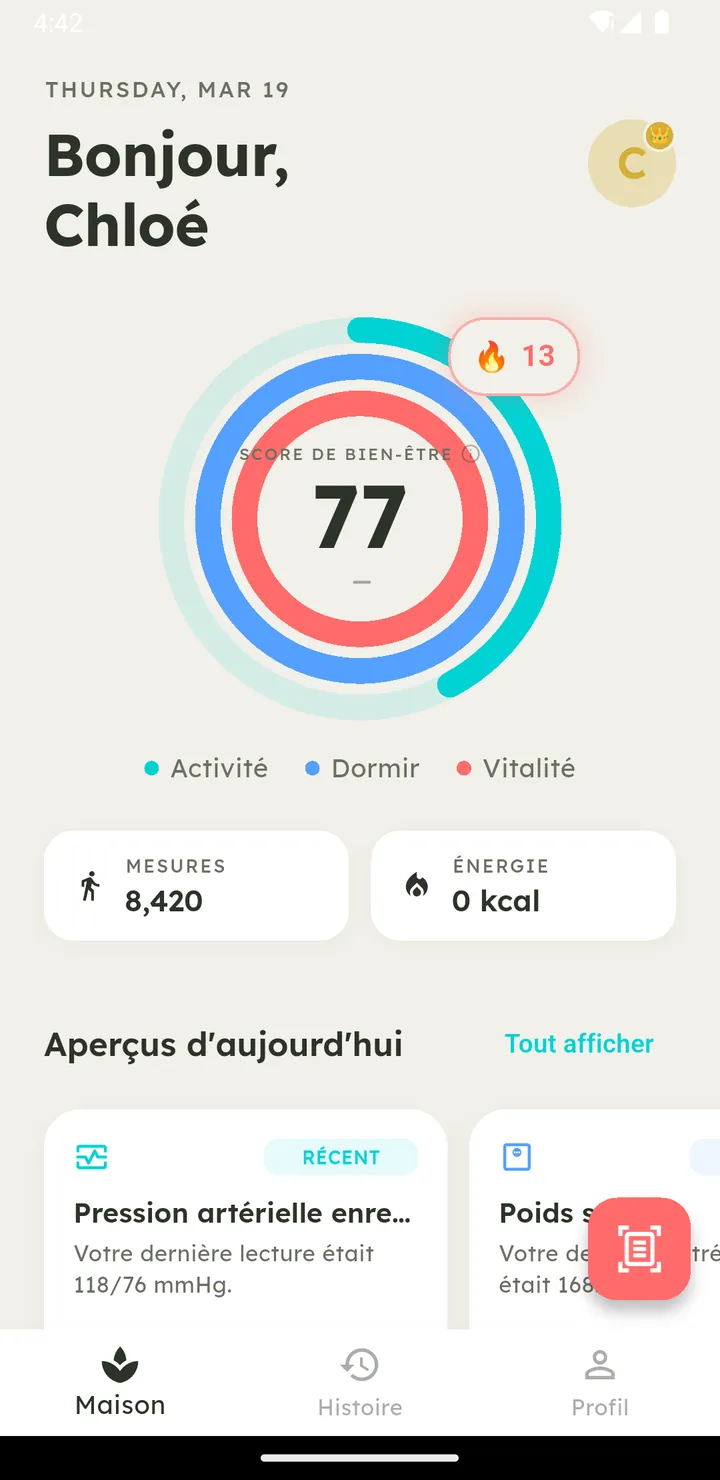 Écran d'accueil Vytal affichant l'anneau du score de bien-être quotidien