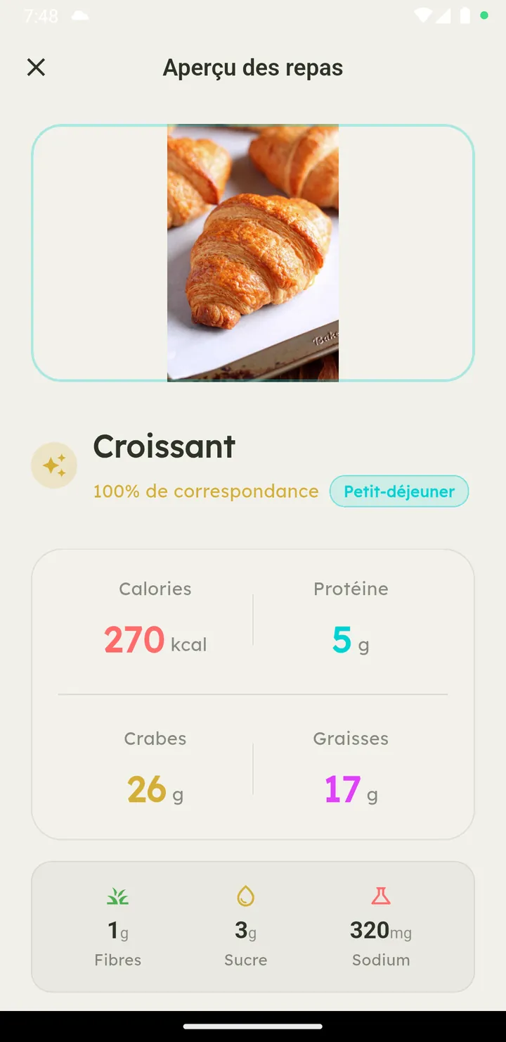 Aperçu nutritionnel Vytal avec calories et macros