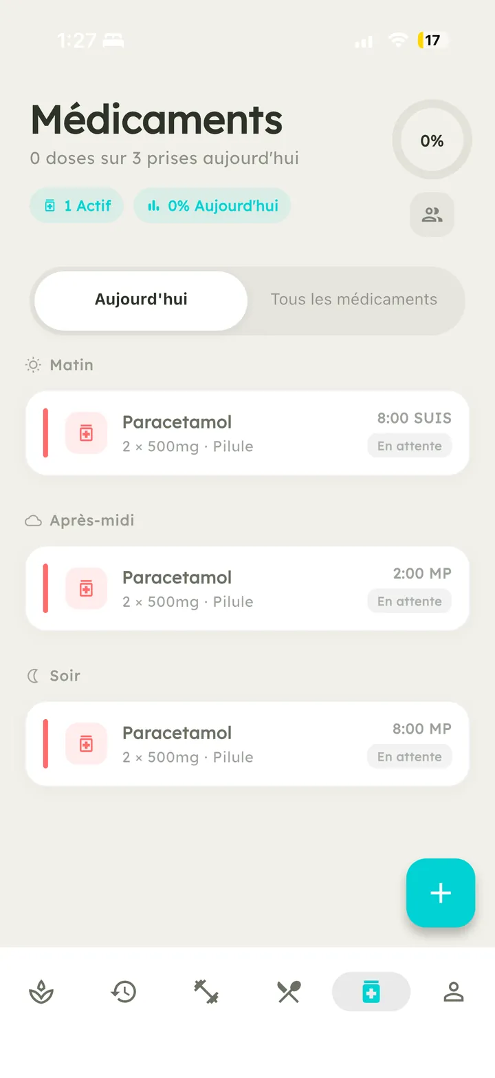 Écran médicaments de Vytal avec prises programmées et rappels