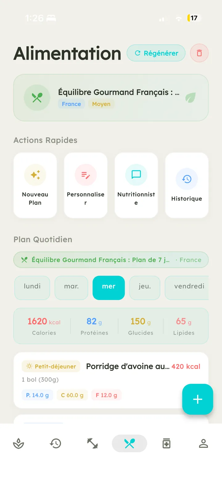 Écran nutrition de Vytal avec un plan quotidien généré par l'IA