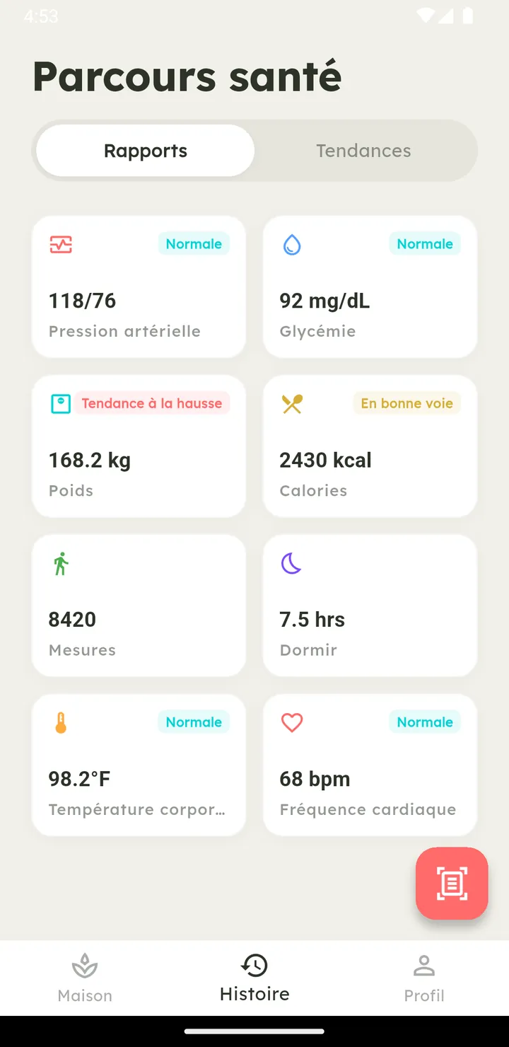 Écran Parcours santé de Vytal avec aperçu des constantes et journaux