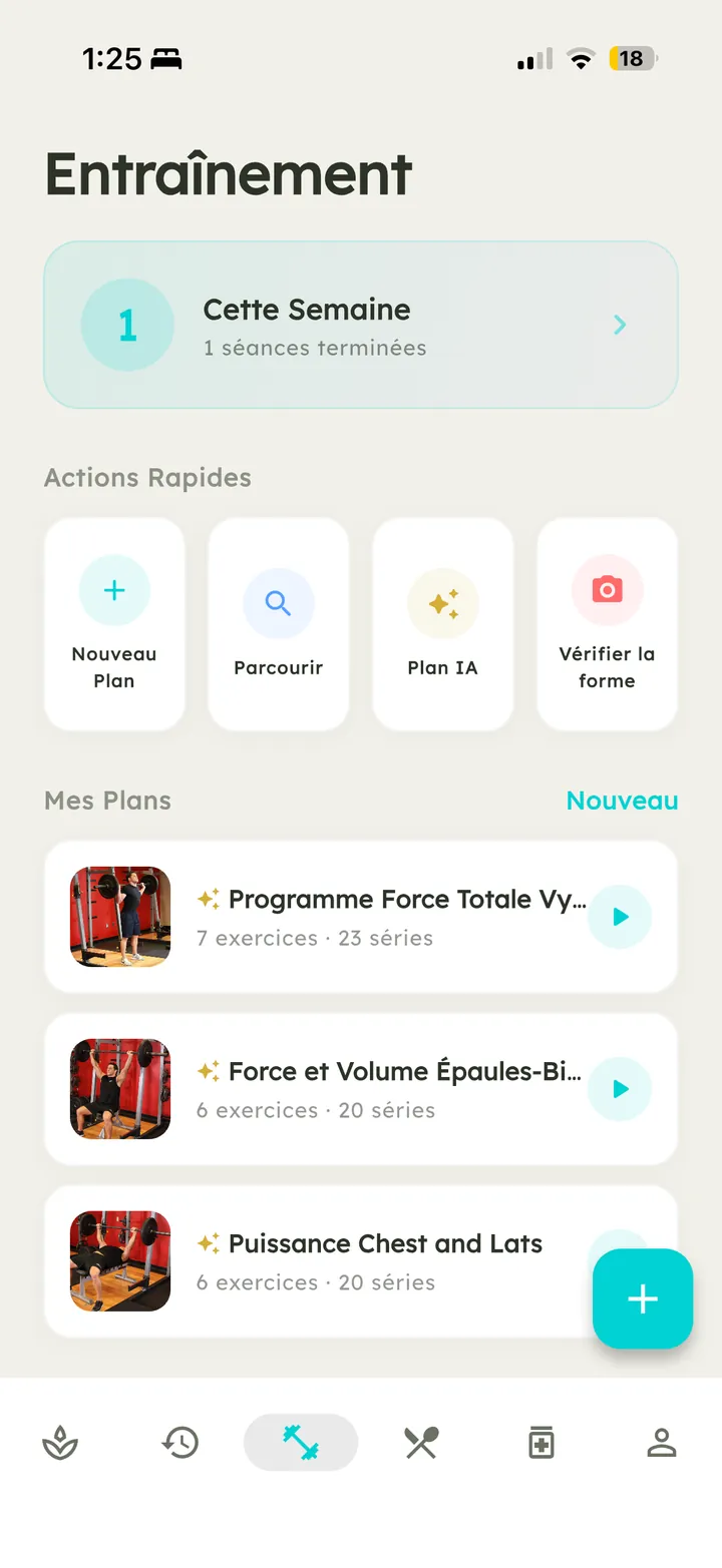 Écran d'entraînement Vytal avec des plans IA