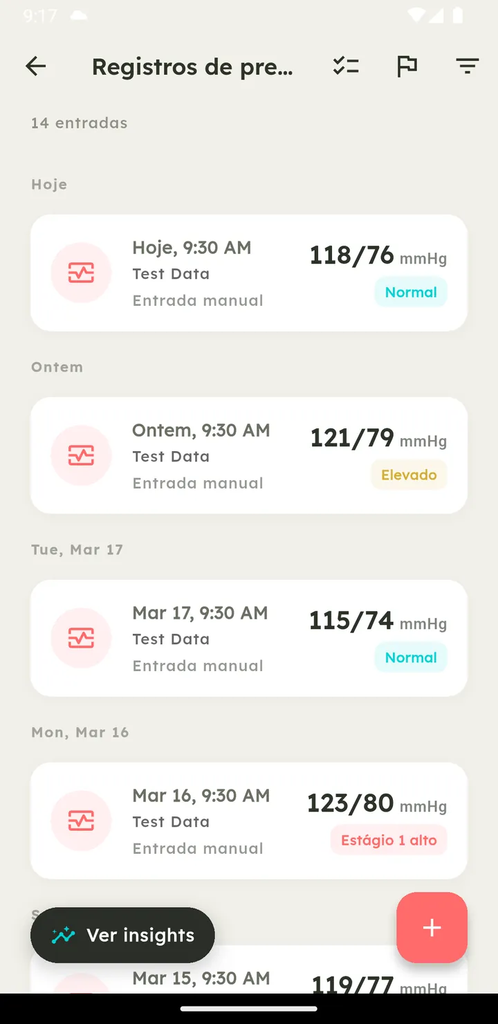 Registro de pressão arterial do Vytal com classificações clínicas