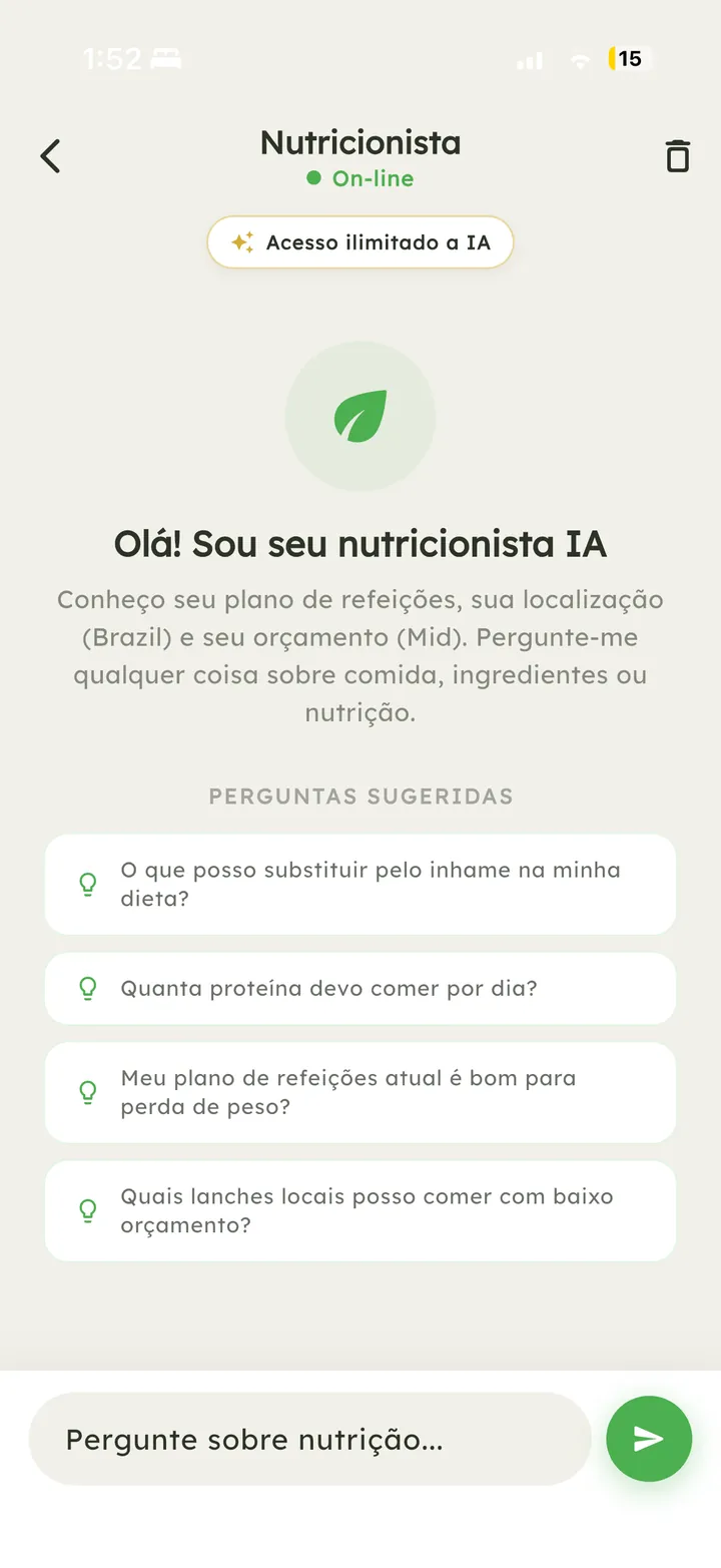 Conversa com o nutricionista de IA do Vytal