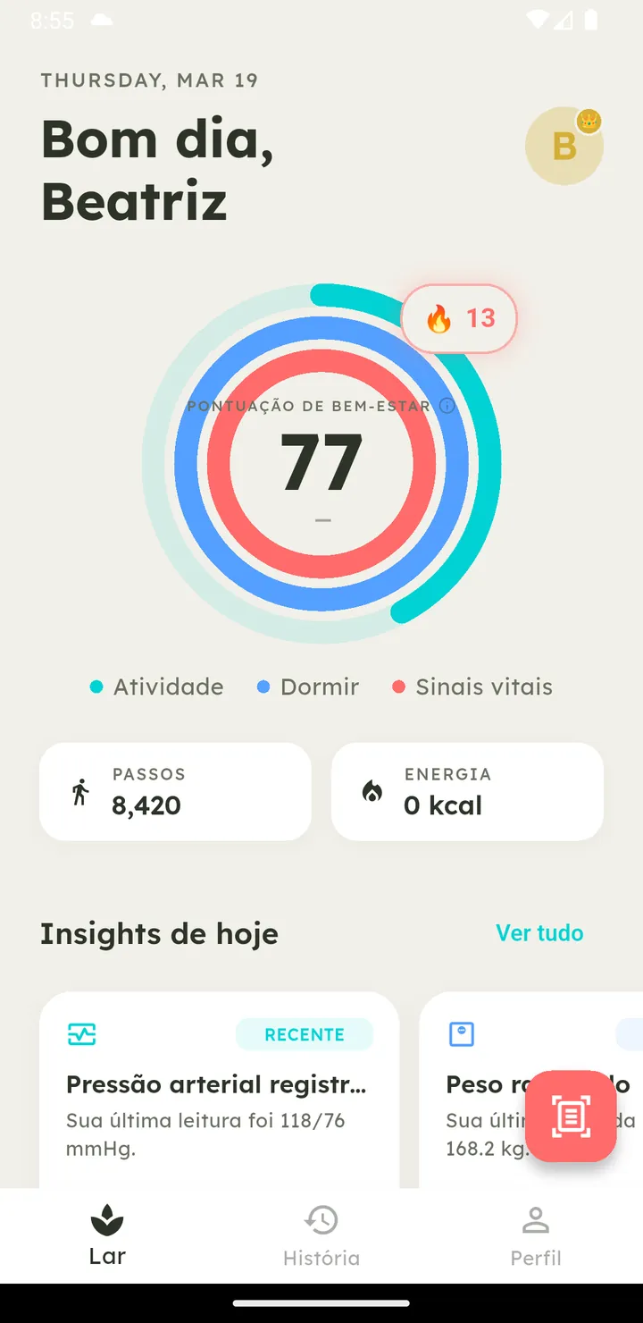 Tela inicial do Vytal mostrando o anel da pontuação diária de bem-estar