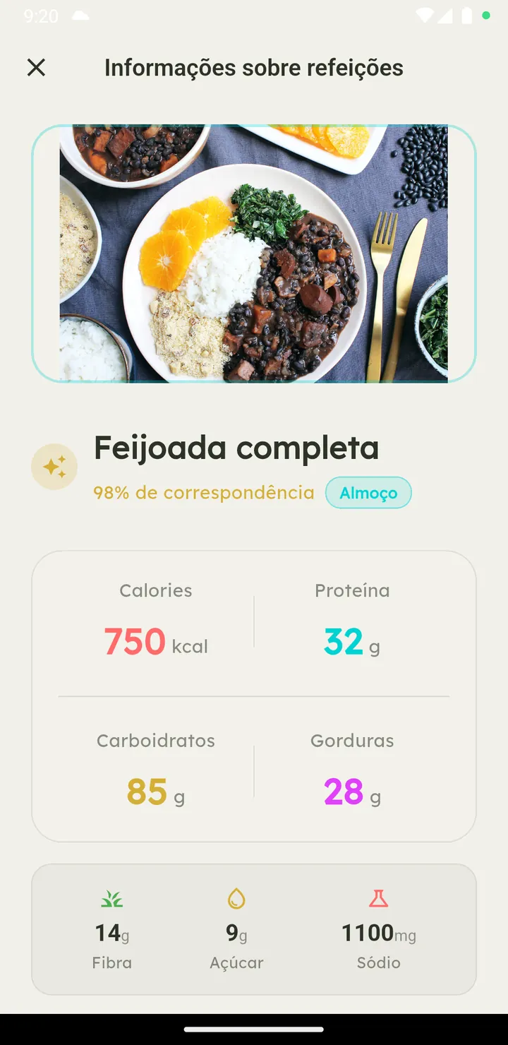 Detalhes da refeição no Vytal com calorias e macros