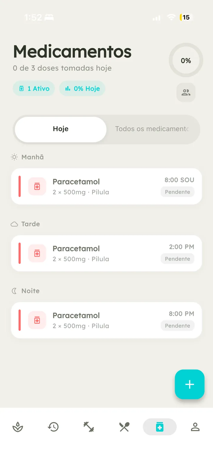 Tela de medicação do Vytal com doses agendadas e lembretes