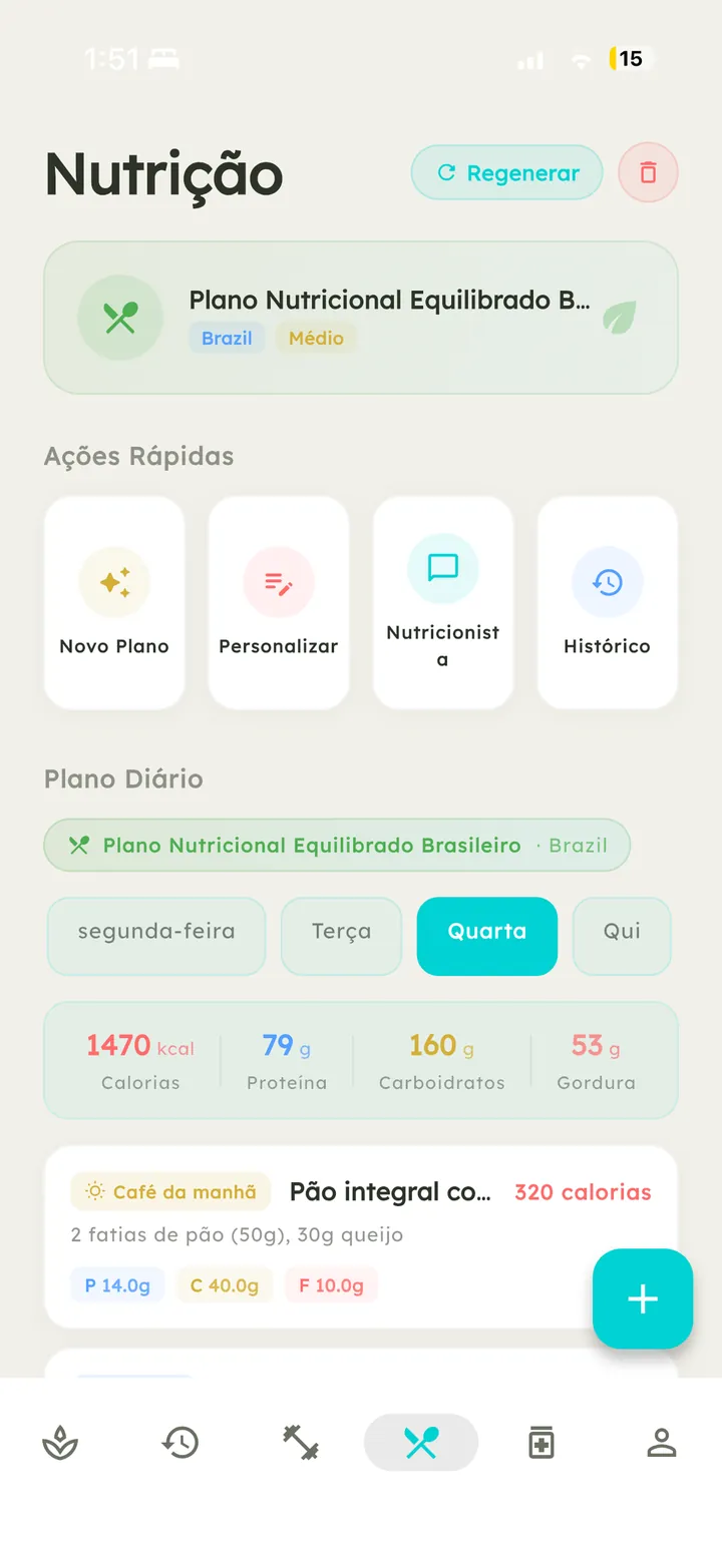 Tela de nutrição do Vytal com plano diário gerado por IA