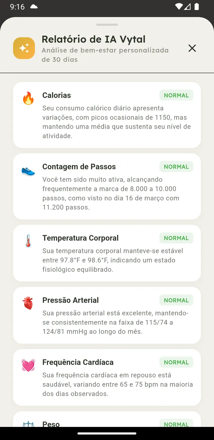 Relatório de saúde com IA do Vytal com detalhamento de métricas