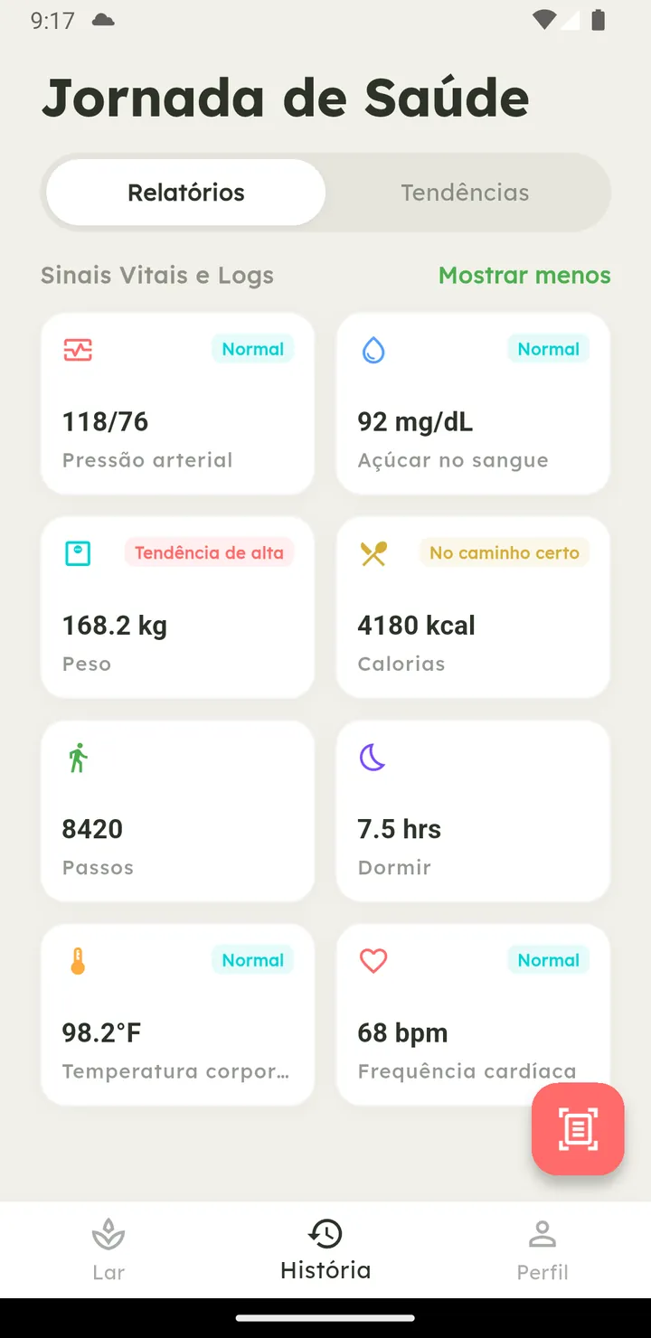 Tela Jornada de Saúde do Vytal com resumo de sinais vitais e registros
